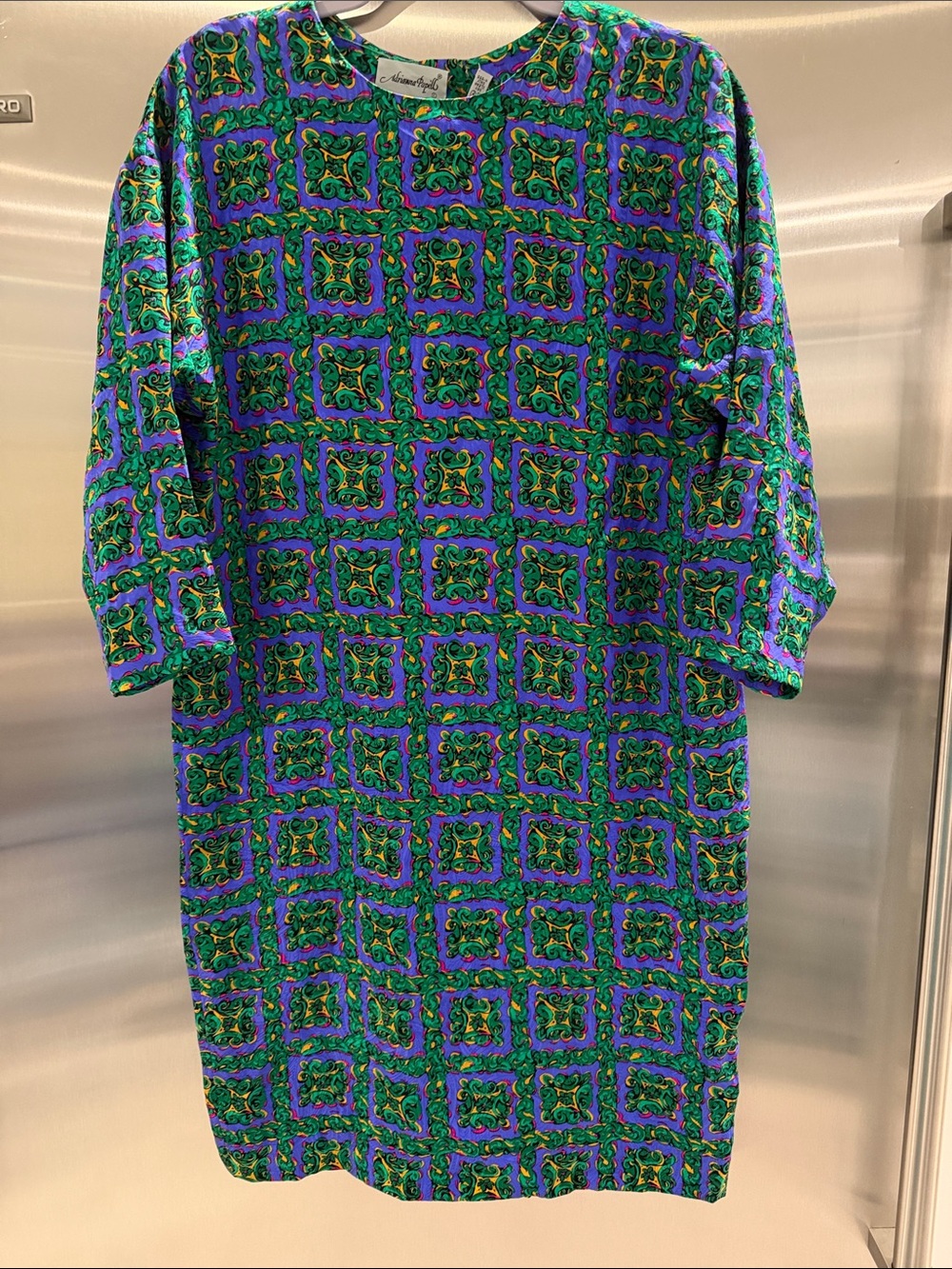 Vintage 100% SILK Green & Purple Patterned Shift Dress